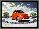 Fiat 500, Pomarańczowe, Plac, Drzewa, Auto, Niebo