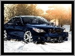 BMW, Granatowy, Drzewa, Śnieg, Samochód, M5