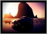 Plaża, Zachód Słońca, Nissan 350, Skały